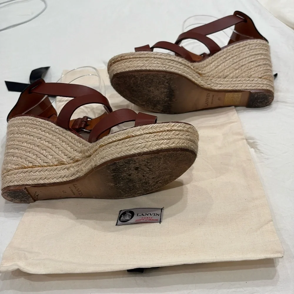 Lanvin Espadrille Crisscross Sandals Wedge Platform Brown Used Once
